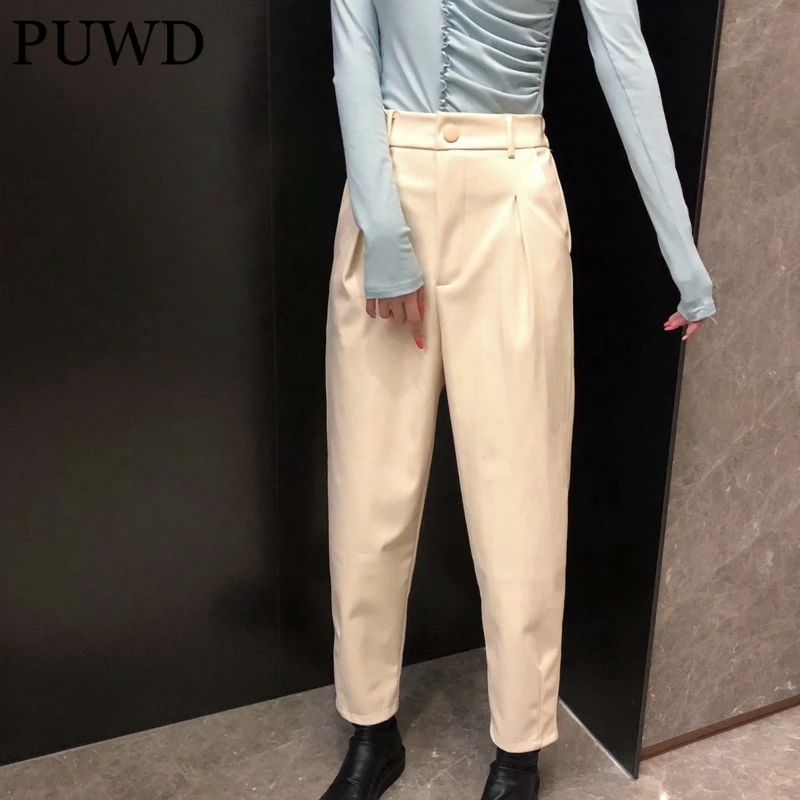 

Винтажные женские брюки PUWD из искусственной кожи с высокой талией, осень 2021, модные женские прямые уличные брюки, шикарные брюки для девочек