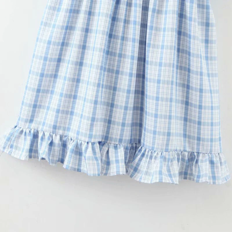 

EAYUCU Vintage sweet plaid ruffles o neck summer dress women puff sleeve high waist women dress + shorts streetwear ED148