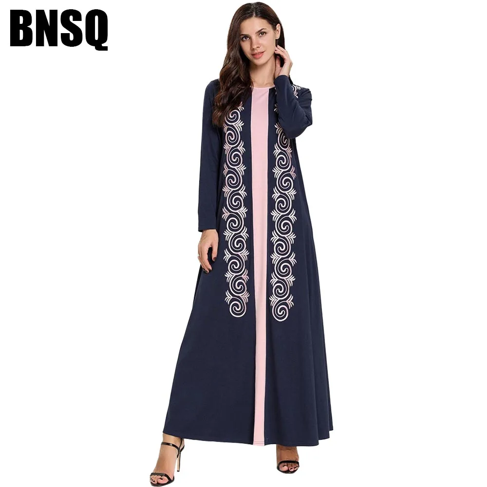 

BNSQ Ethnic Embroidery Abaya Two-Color Stitching Long-Sleeved Mopping Dress Muslim Islamic Ramadan Clothing
