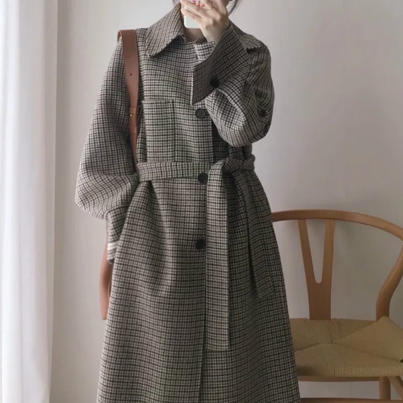 

Houndstooth ladies belt warm and office ladies women's fashion woolen cotton 2021 winter high-quality sweet coat