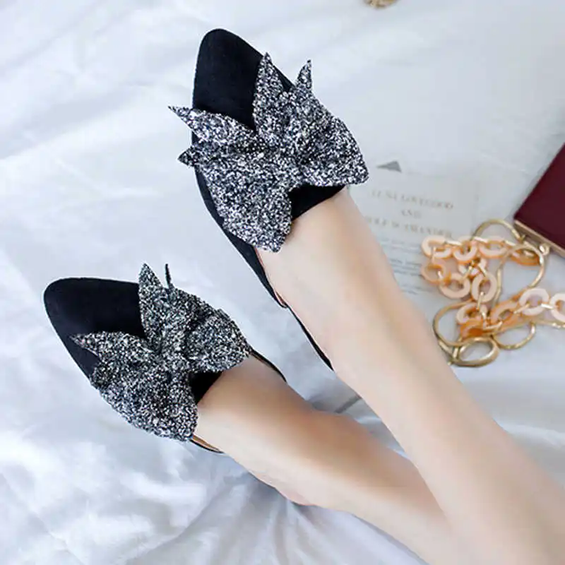 

summer new 2021 New Korean bow pointed slippers women's summer fashion thick heel wear large size shoes