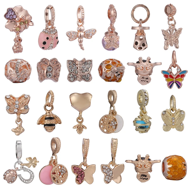 

Бусины-шармы 5 шт./лот, 45 видов, бусины-бабочки из розового золота, подходят для посеребренных шармов, браслетов для женщин, серия насекомых, и...
