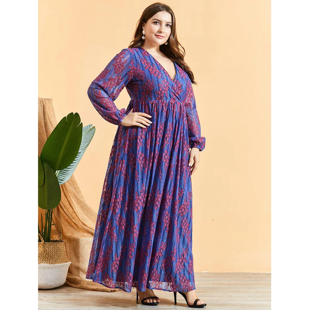 

Lace Flower Abaya Kaftan Muslim Women Long Dress Hollow Out Plus Size Arab Jilbab V-neck Bohemian Casual Maxi Robe Middle East