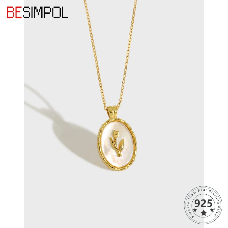 

Besimpol Real 925 Sterling Silver Tulip Pendant Necklace Elegant Geometric Elliptical Pendant Necklace for Women Fine Jewelry