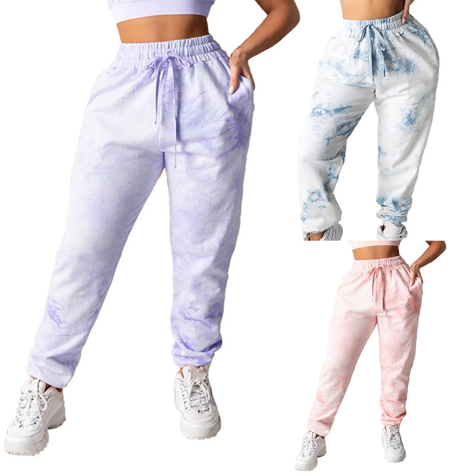 

Female Trousers, Floral Print High Waist Long Causal Pants with Drawstring for Spring Fall, Pink/Purple/Light Blue