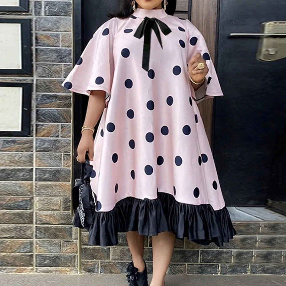 

Dress Women Casual Loose Oversize Stand Collar Polka Dots A-Line Pullover Date Home Spring Plus Size Young Female 2021 Summer