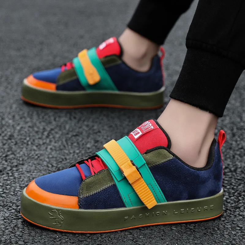 Кроссовки мужские на платформе дышащие сникерсы с цветной пряжкой микрофибра