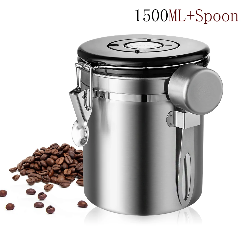 1500ML-Spoon 1.5L кофейная канистра с совок герметичный контейнер для кофе из нержавеющей стали комплект емкостей для хранения бобы и чай кофе - Цвет: 1500ML-Spoon