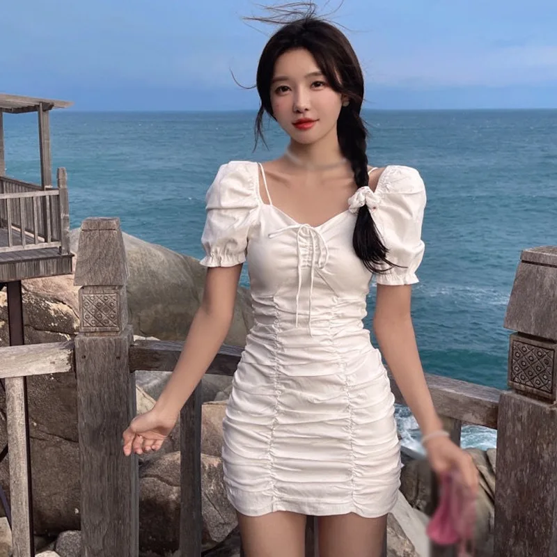 

Summer Dress Retro Puff Short-Sleeve Pleated Hip Dresses Slim Tight Beach Dress