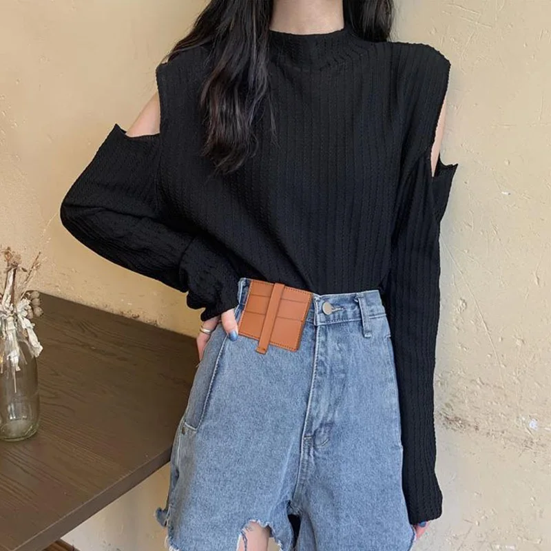 

Женский вязаный свитер с высоким воротником, пуловер с открытыми плечами и длинным рукавом, топ на осень и зиму