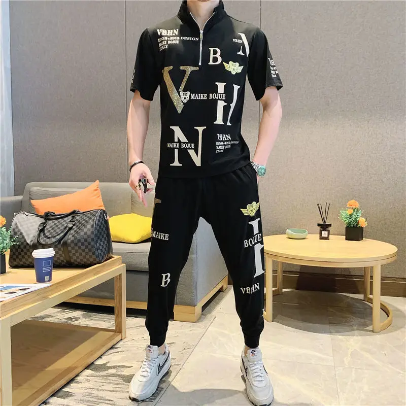 

2021 summer new hot drill ice silk suit men Korean fashion handsome sports leisure summer clothes men