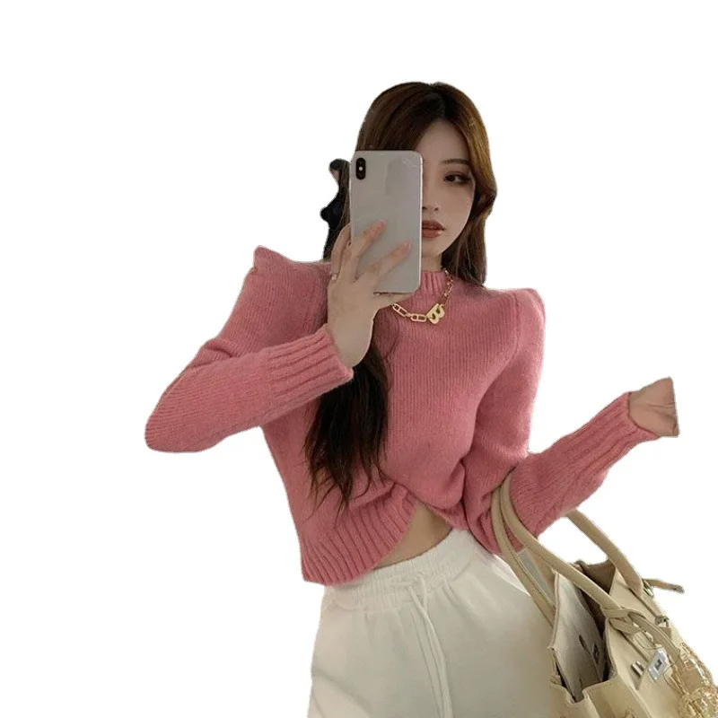 

Kimutomo Vintage O-neck Knit Pullover Women 2021 Autumn New Hog Kong Style Female Long Sleeve Solid Color Short Knitwear Trend