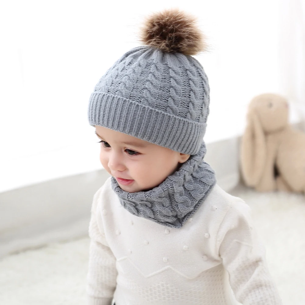 

0-3 Years 2Pcs Toddler Baby Boys Girls Winter Warm Hats Caps Fur Pom Bobble Knit Beanie Hats and scarf