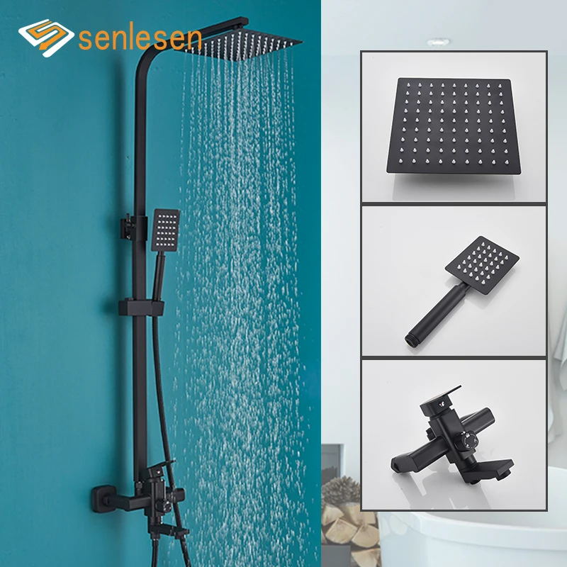 

Senlesen Bathroom Shower Faucet Black 8/10/12 Inch Rainfall Shower Head Wall Mounted Shower Set Cold and Hot Water Mixer Tap