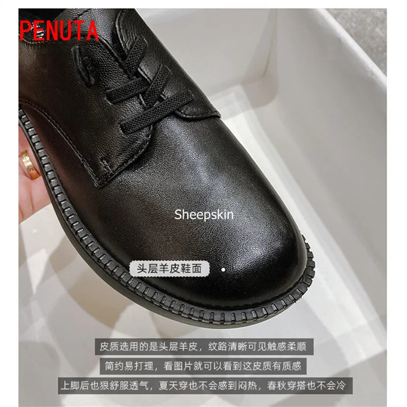 

2021 Low Heel Shoes For Women Retro Vintage Sheepskin Soft Leather Pumps Spring New Lace Up Round Toe British Style Heels P09P