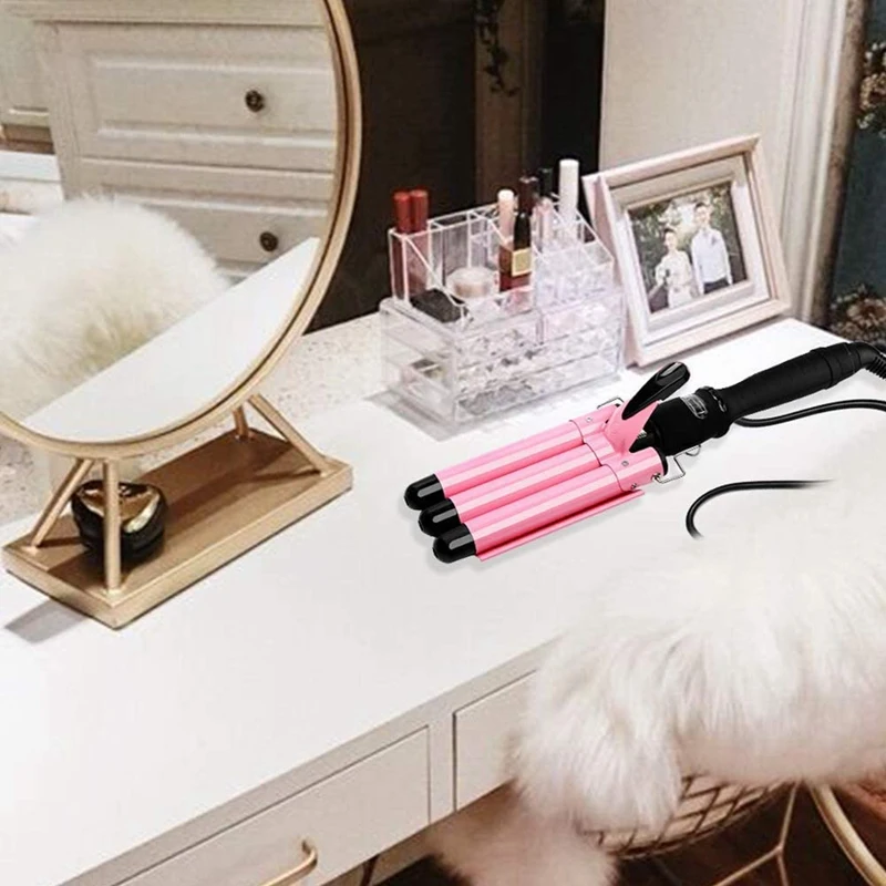 

Hair Curling Iron 3 Barrel Wand Temperature 25mm Adjustable Hair Waver Curling Iron-Pink EU Plug