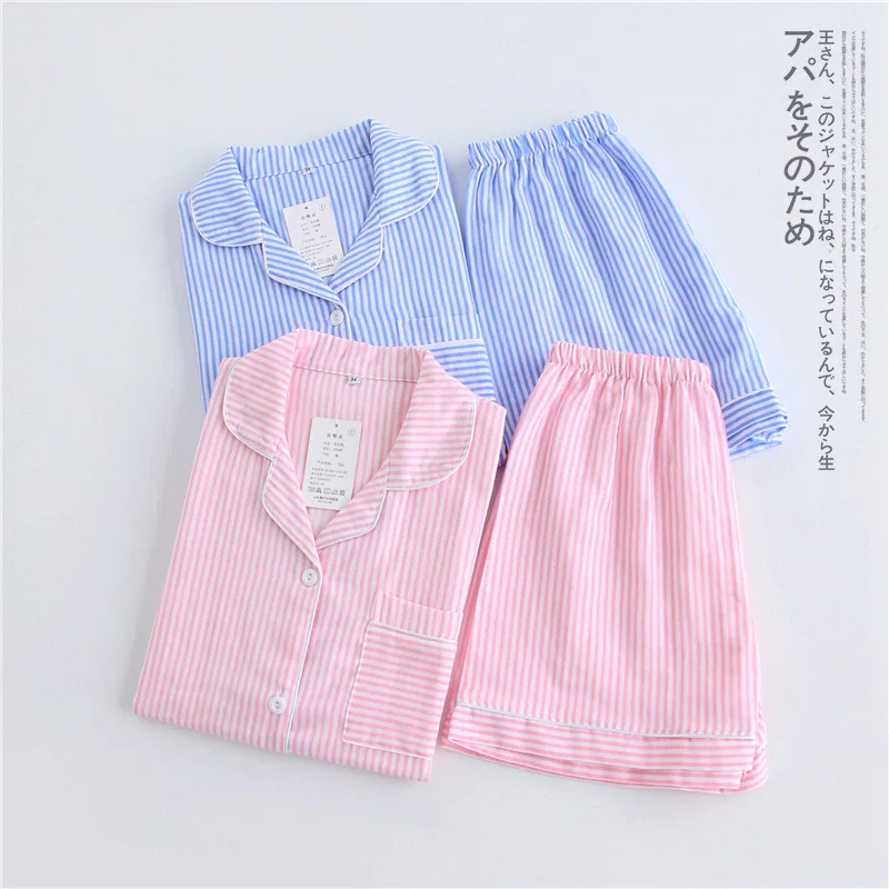 

Летняя пижама из 100% хлопка, двухслойная газовая полосатая Пижама, женские шорты с коротким рукавом, одежда для сна, прекрасная Домашняя одеж...