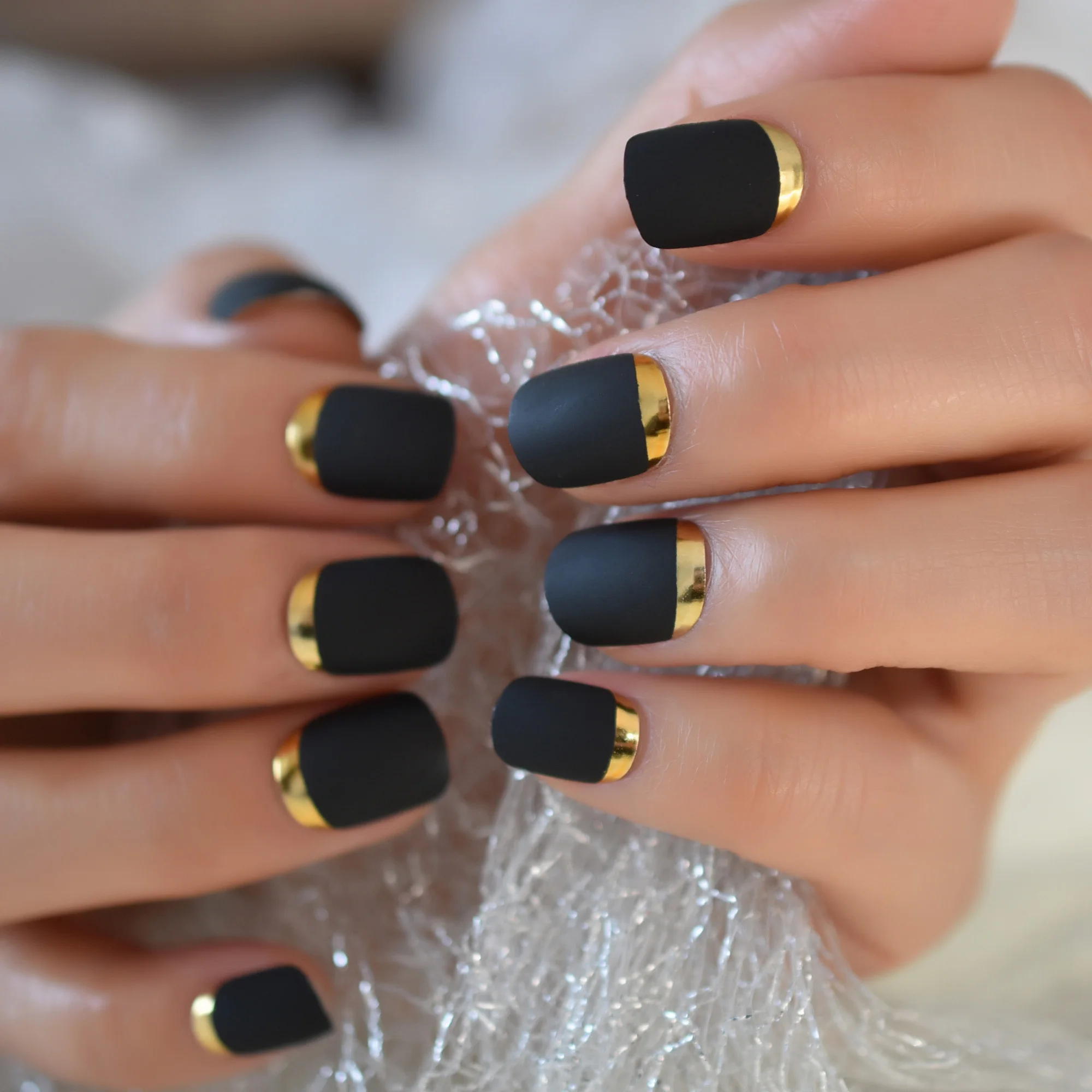 

Short Nail Tips Square Fingernail Golden Edge Pre Designs False Nail Art Black&gold Supplies For Professionals Wholesale Charms