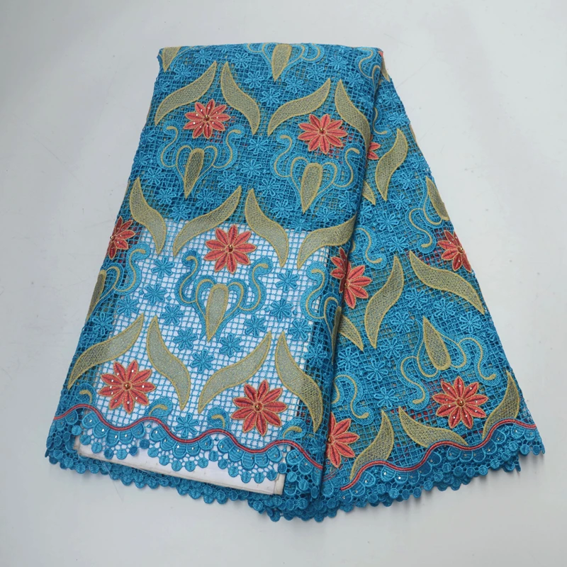 

African lace Fabric 5 Yards/pcs Nigeria Embroidery design Water Soluble Lace With stone For women's party dresses