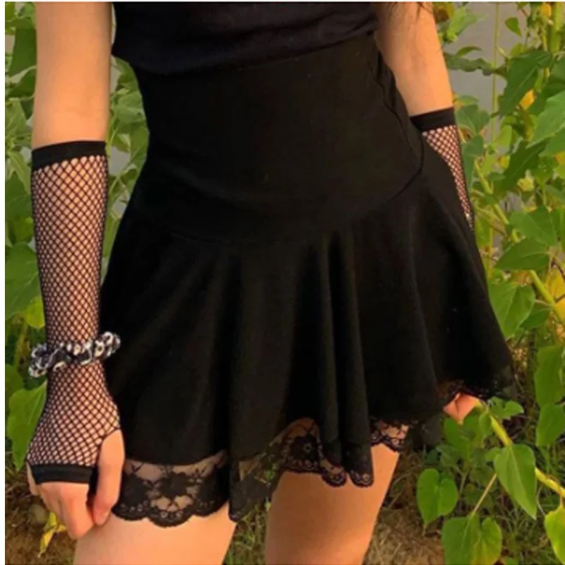 

Women A-Line Skirt Gothic Black Lace Edge High Waist Pleated Punk Style Vintage Party Sexy Ladies Mini Clubwear