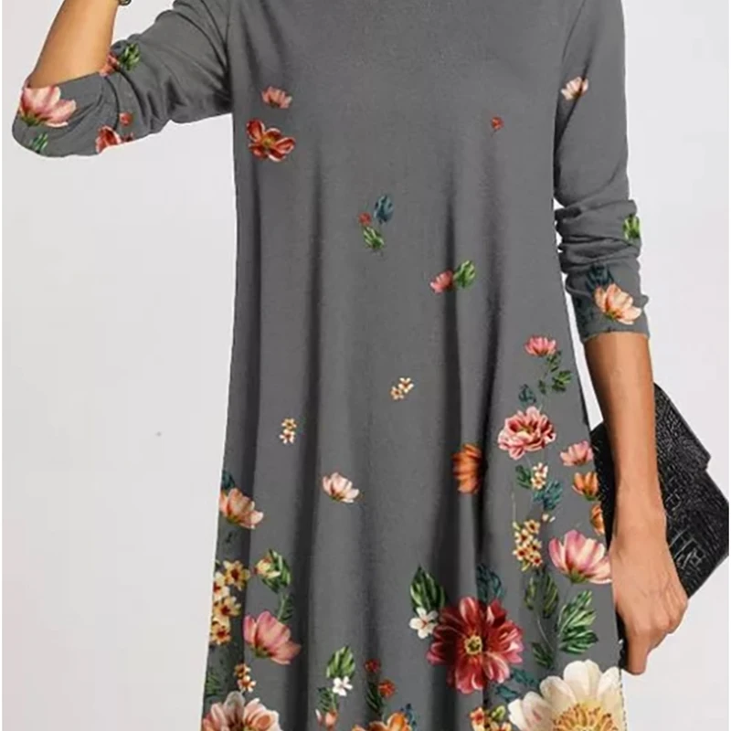 

Autumn and winter 2021 women's high neck printed retro long sleeve casual dress