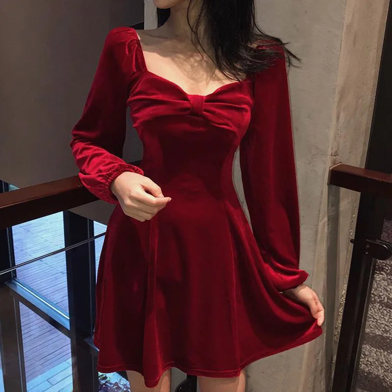 

Платье женское с длинным рукавом, модное однотонное вечернее темпераментное ретро платье принцессы с длинным рукавом, Ulzzang, французский сти...