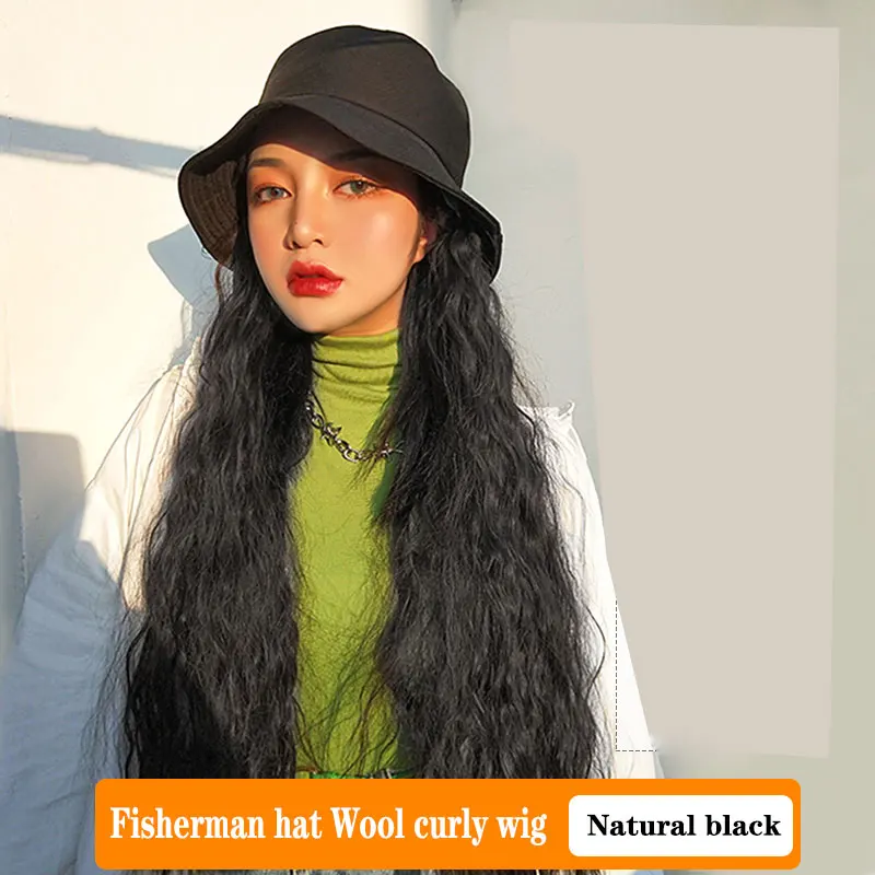 Fashion one-piece intergrated women's long natural  kinky curly synthetic hair wig and bucket hats sun cap with hair