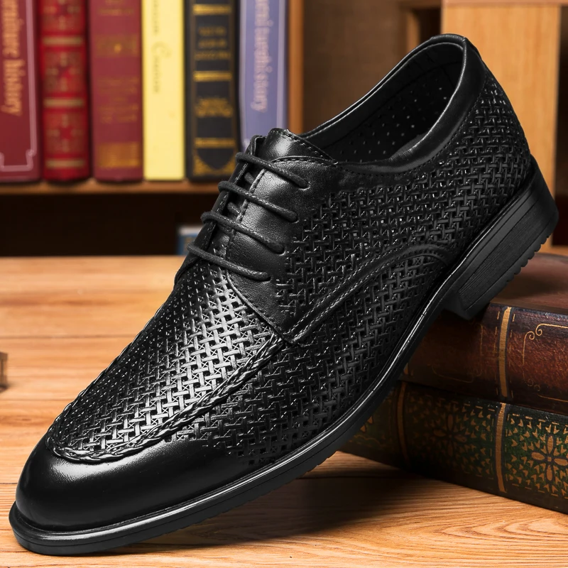 Summer Breathable Shoes Men Genuine Leather  Classics Black Derby Shoe man Lace Up Office Youth Comfortable Hollow Shoes For Men