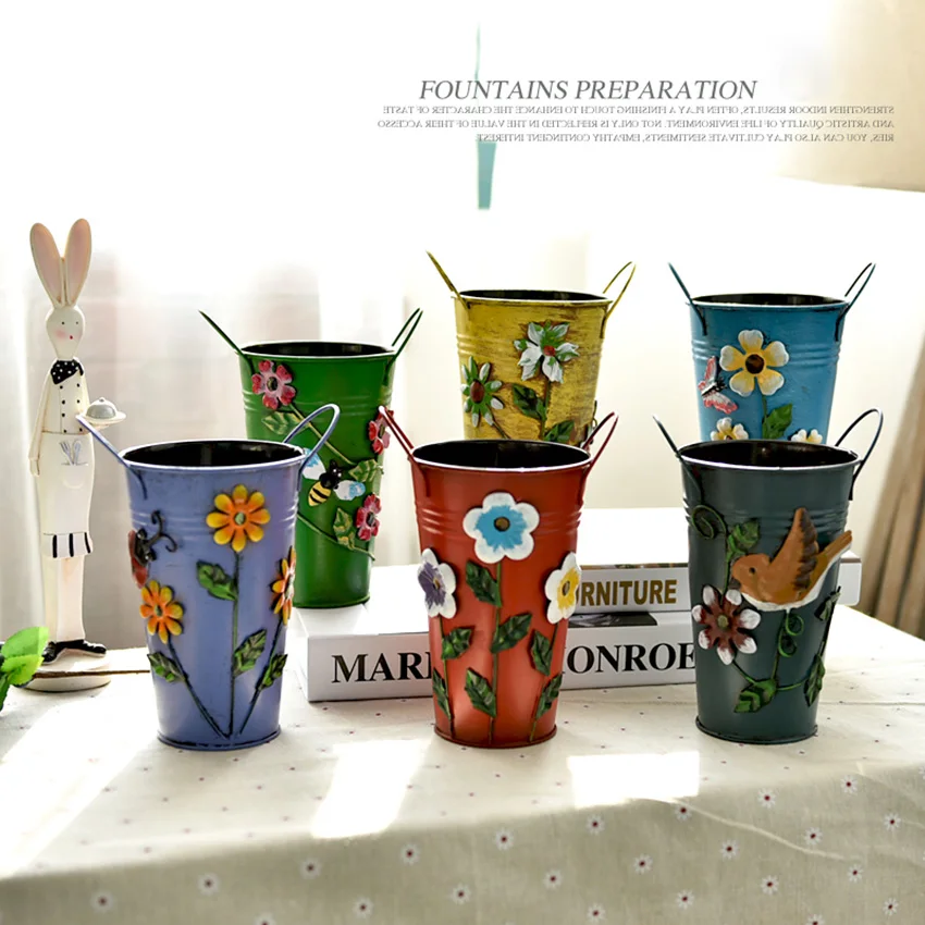 Hot Selling Vintage Galvanised Metal Iron Flower Shabby Vase Pot Barrel Planter Garden Decor Articles J | Дом и сад