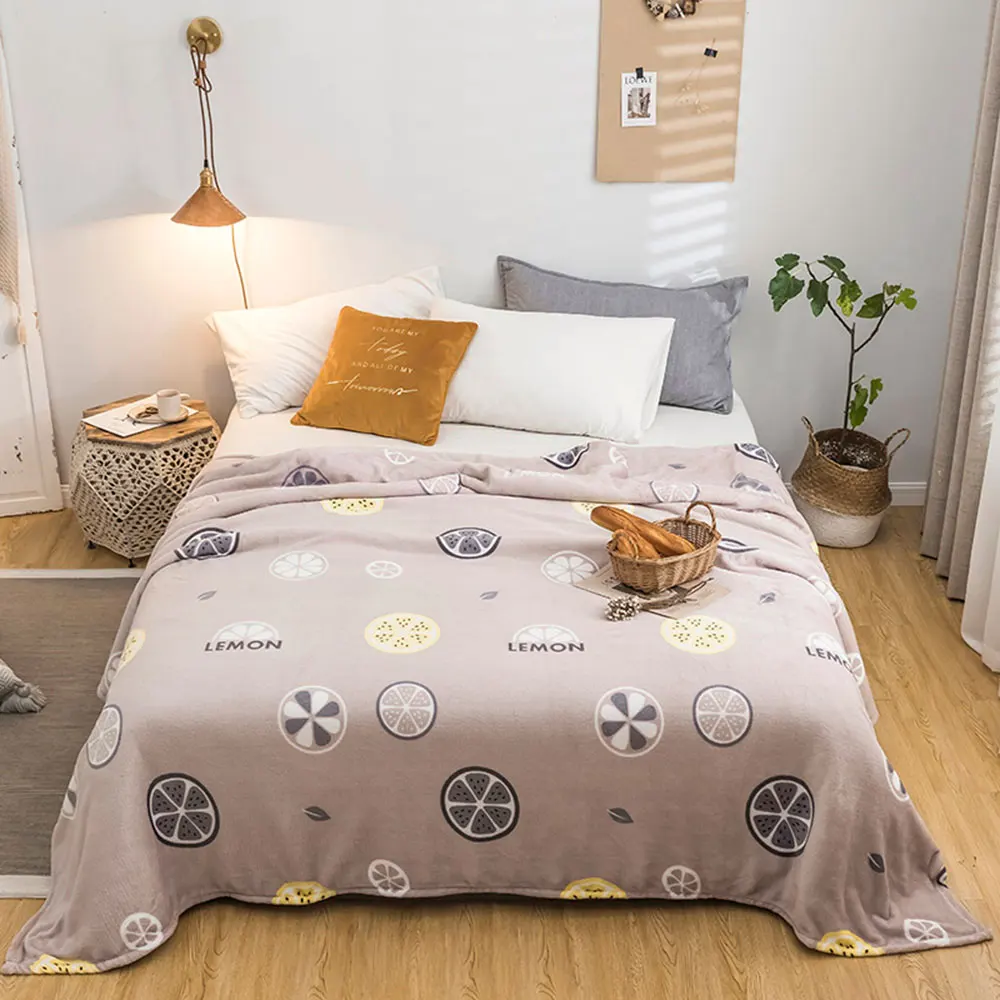 

Papa&Mima Grey Lemons Fruits Print Summer Double-side Blankets Throws Plaids Flannel Coral Fleece Microfiber Bedsheet Nap