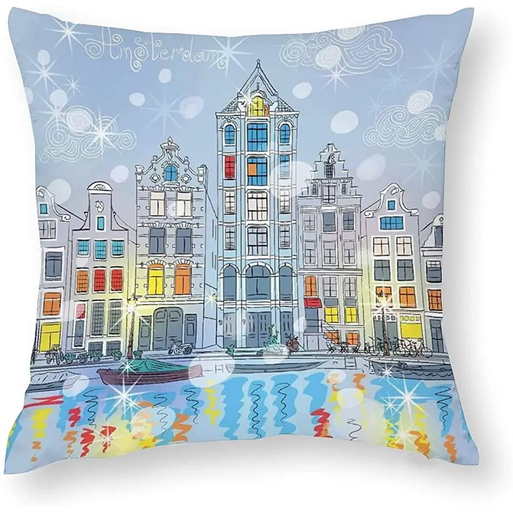 

Pillow Covers Christmas Noel Time at Amsterdam Canal with Historical Famous Buildings North Europe Design Decorative Pillows