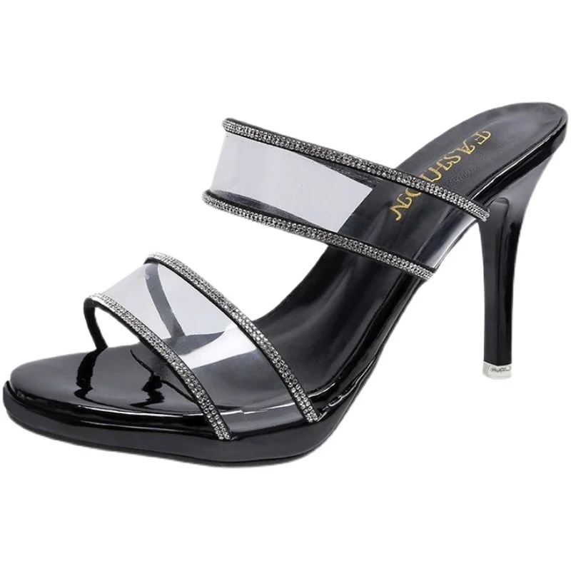 

Female Shoes Thin Heels Heeled Mules Womens Slippers Outdoor Glitter Slides 2021 High Jelly Summer Transparent Rubber Basic Crys