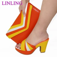 2021 lastest italian design fashion crystal style party women shoes and bag set decorated with comfortable in orange for party