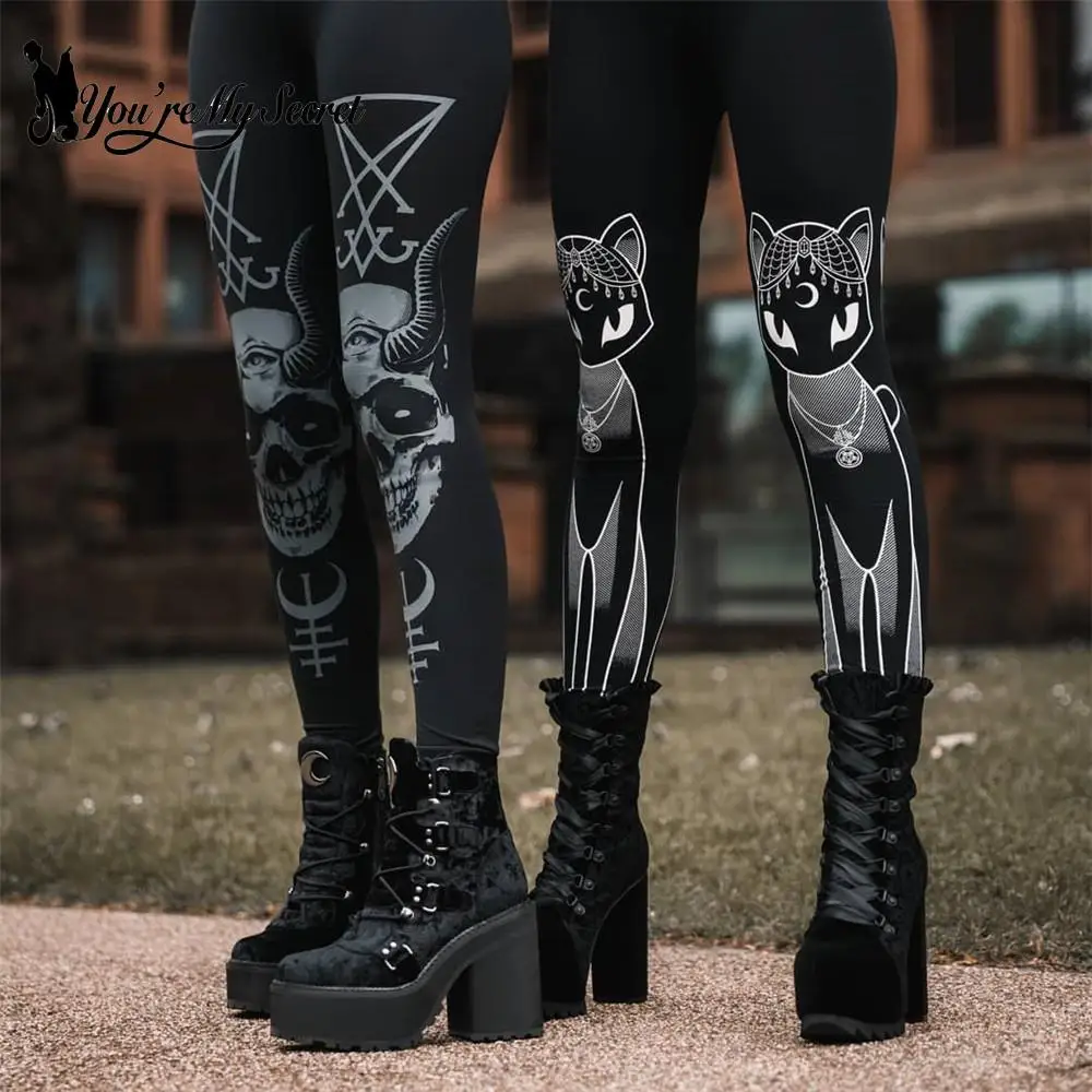 

[You're My Secret] 2021 HOT Gothic Leggings For Women Ouija Workout Pants Dark Grunge Black Cat Skull Leggins Devil Satan Legins