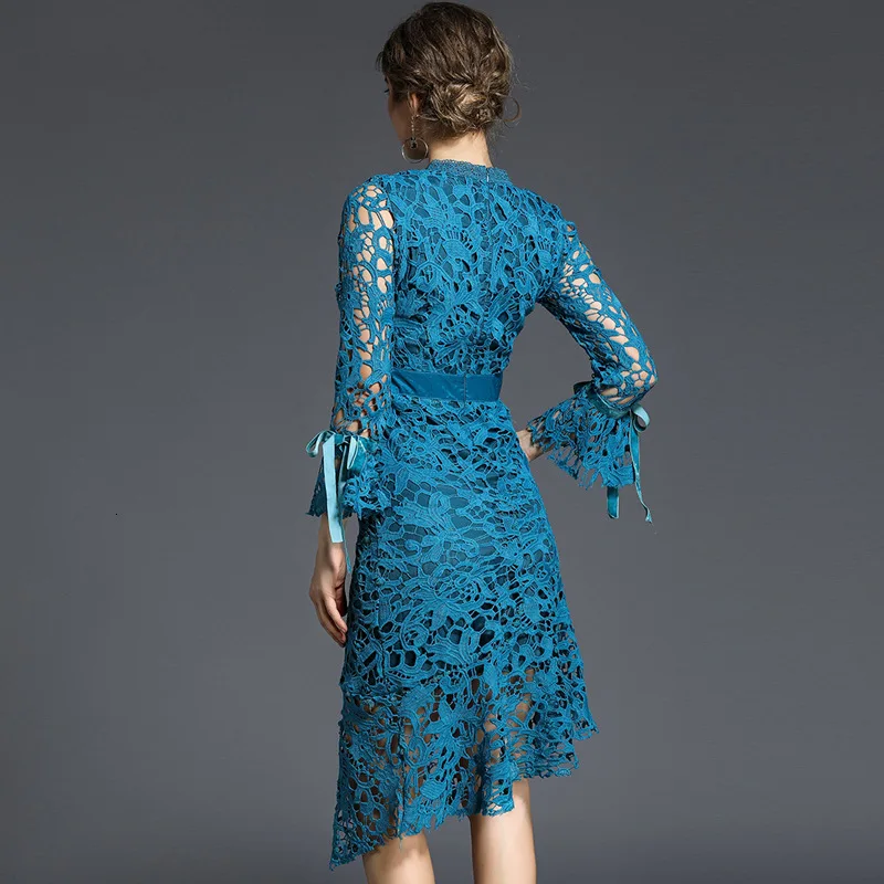 BacklakeGirls Ever Pretty Lake Blue Scoop Neck Full Sleeve Knee Length Hollow Out Lace Cocktail Dress Suknie Wizytowe Plus Size | Свадьбы и