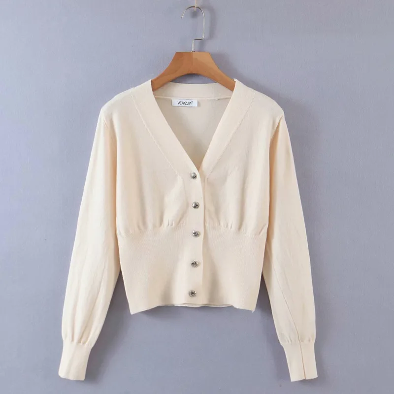 

DTSTARZG Women Europe Style Fashion Solid Color V-Neck Elegant Polyester Single Breasted Sweater Long Sleeve Knitted Cardigan