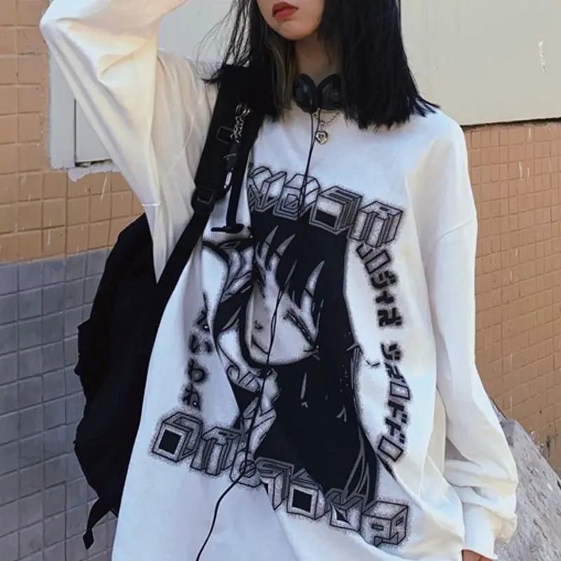 

Deeptown Mall Goth Anime Print White Women Tshirts Harajuku Streetwear Comics Long Sleeve Oversize Tops Gothic T Shirts Hip Hop