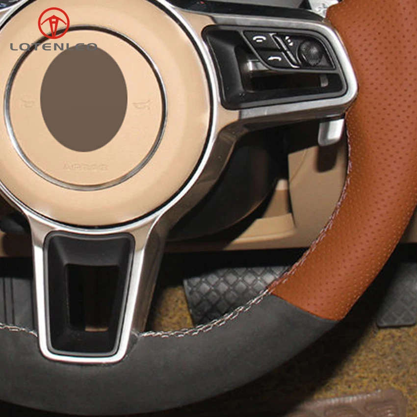 

LQTENLEO Black Suede Brown Leather Steering Wheel Cover For Porsche Macan Panamera 2013-2019 Cayenne 2015-2019 718 911 2015-2019