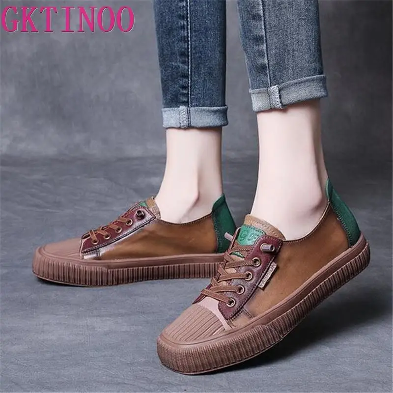 

GKTINOO Genuine Cow Leather Handmade Women Sneakers Casual Flat Ladies Shoes Fashion Breathable Comfort Women's Flat Shoes