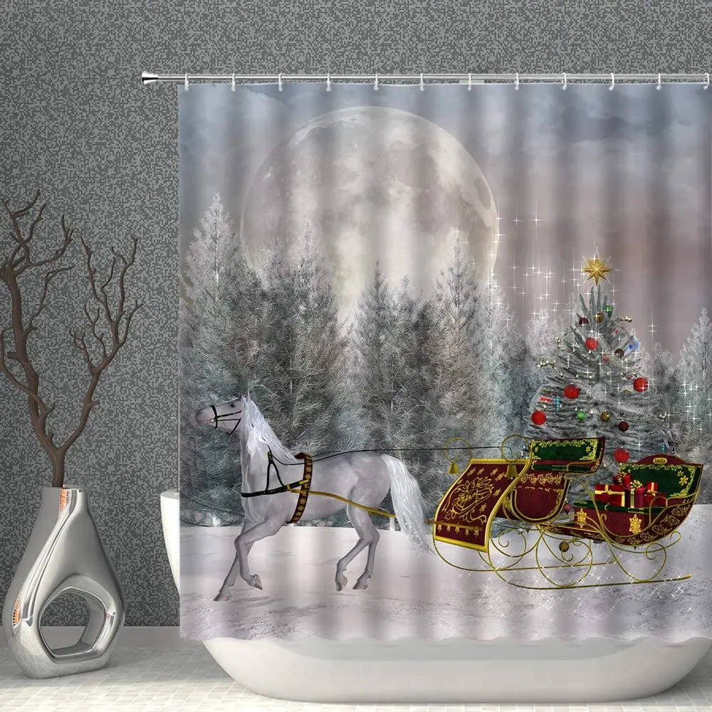 

Christmas Eve Decor Shower Curtain Xmas Trees Gifts Horse Carriage Full Moon Fantasy Winter Snow Landscape Fabric Bath Curtains