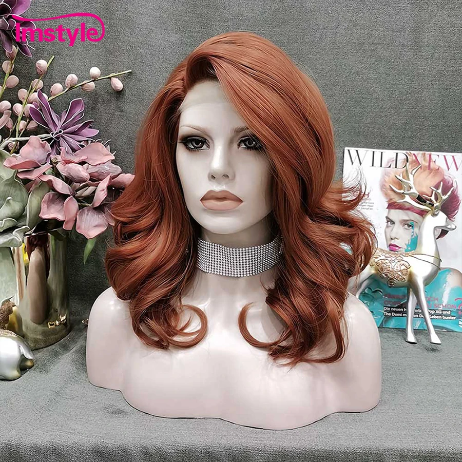 Imstyle медный красный парик короткий волнистый синтетический кружевной передний