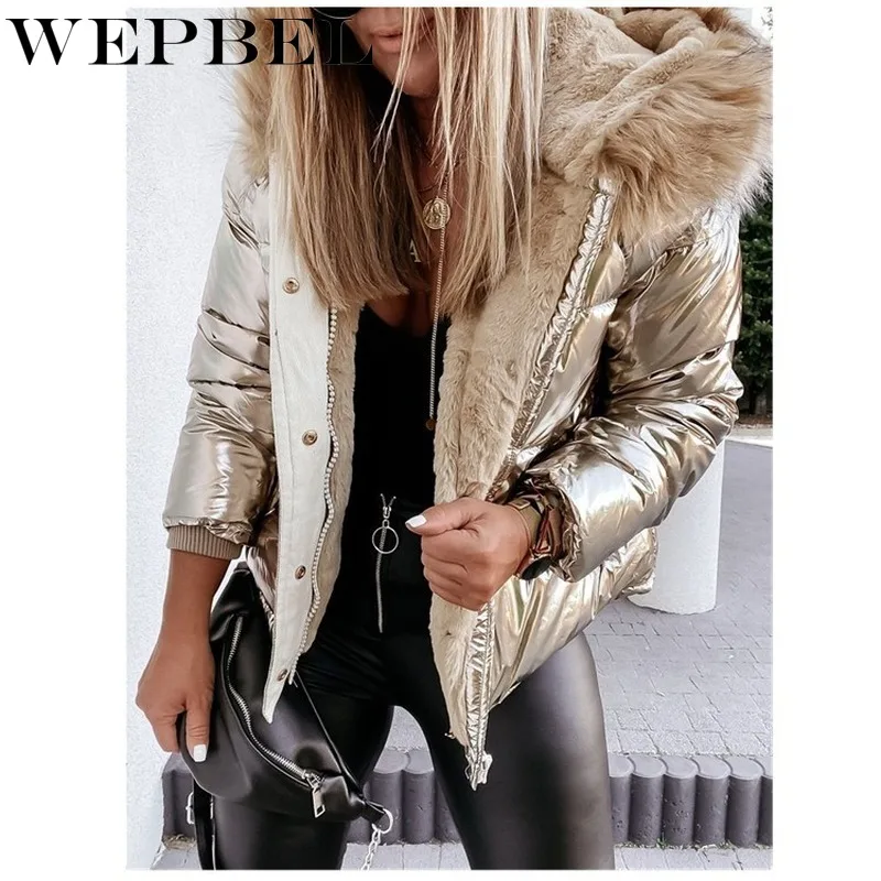 WEPBEL Women's Winter Down Jacket Hooded Fur Collar Coats women Causal Pockets Loose Shiny Glossy Thick Warm Cold Coat