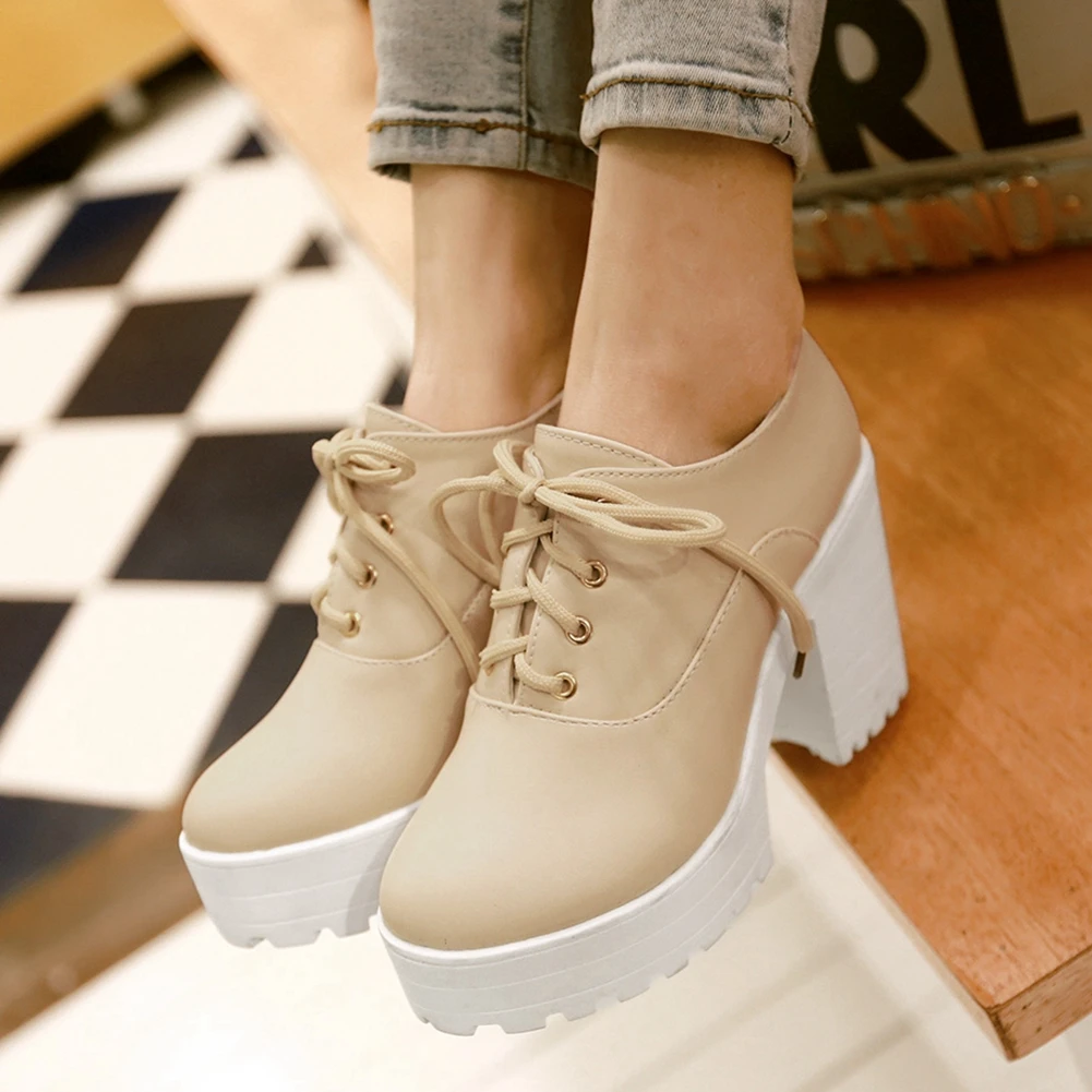 

Karinluna Office Ladies Fashion Design Platform Round toe Lace-Up Solid Thick High Heels Spring Autumn women shoes