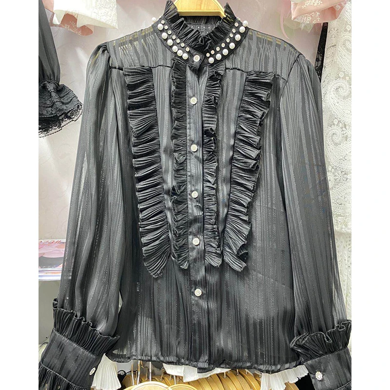 

nail beaded collar long-sleeved shirt female design lotus edge court sweet shirt top blouse women 2020 Streetwear Chiffon
