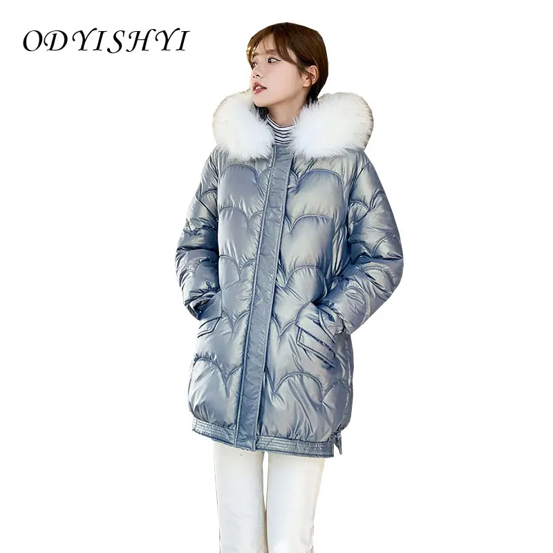 

Thick Winter Down Jacket Female 2021 Wave Cotton Coat Women Parka Mid Long Overcoat Hooded Large Fur collar Loose Warm Outerwear