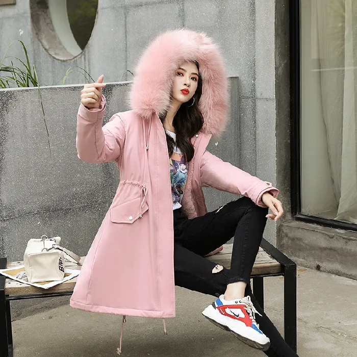 

Sweet lady style large women rex rabbit fur liner fur coat long paragraph detachable fur collar women's jacket cotton clothing