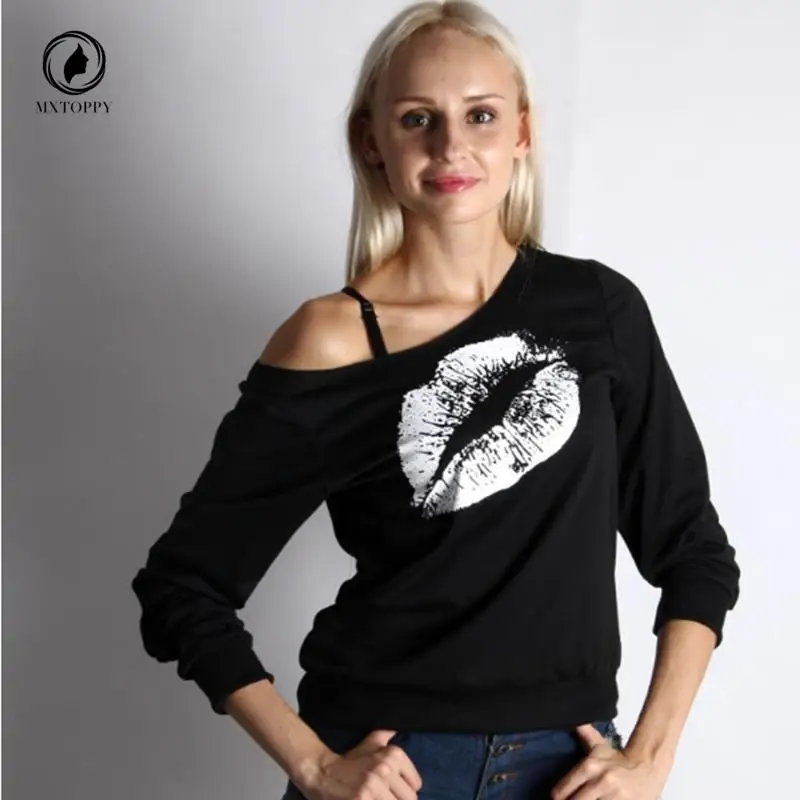 2019 осенний сексуальный пуловер с принтом губ футболка длинным рукавом Женский