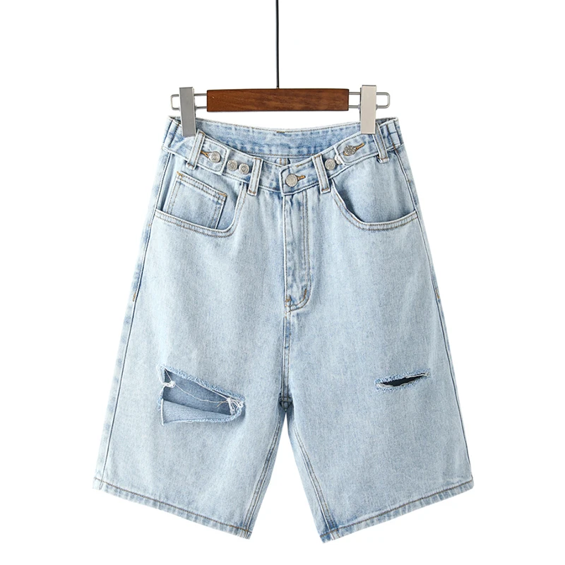 

Loose Capris Jeans Woman Cotton Female Chic Hole Detail Knee Length Denim Shorts Pants Women High Waist Jeans Summer 2020