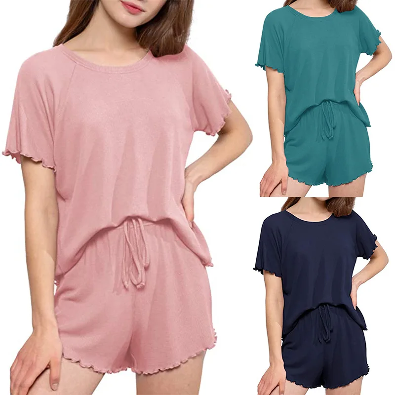 

2021 summer new casual solid color short-sleeved girl home service suit with wooden ears