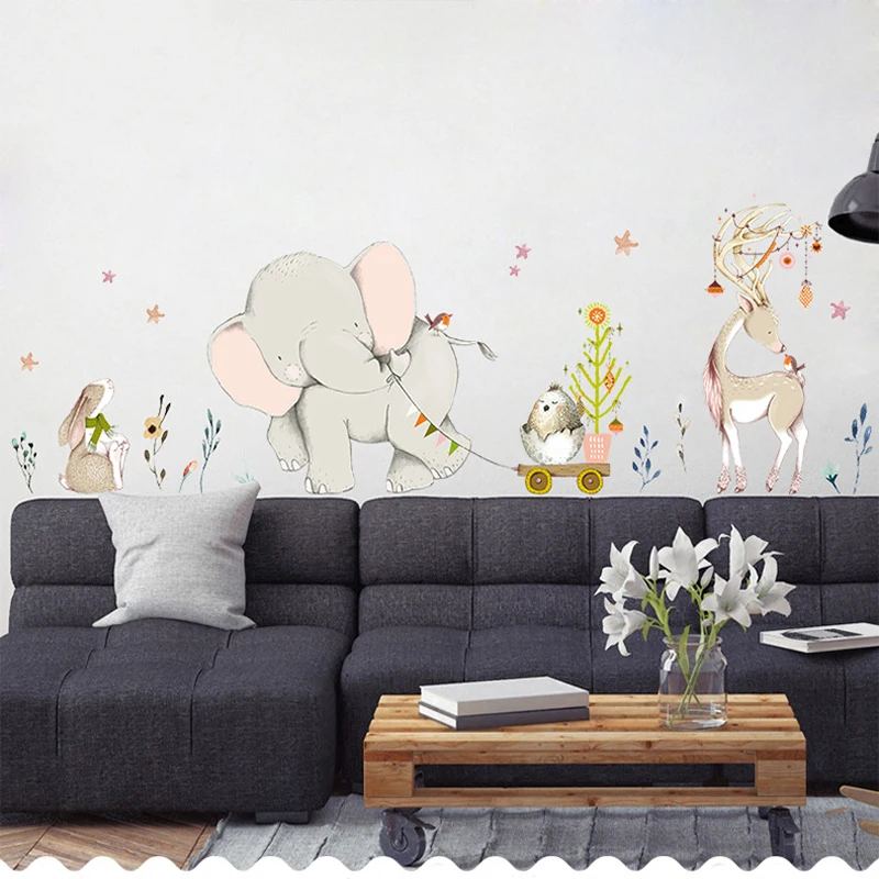 

Cartoon Elephant Animal Wall Sticker For Kids Room Home Decoration Baseboard Large Art Wall Sticker for Nursery Baby Room Poster